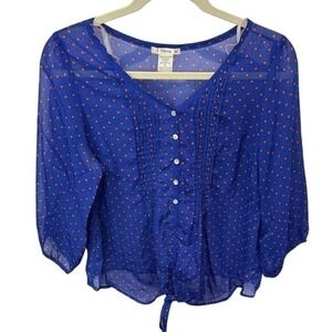 Timing XL Blue Blouse Top Orange Polka Dot Tie Front 3/4 Sleeve‎ Sheer